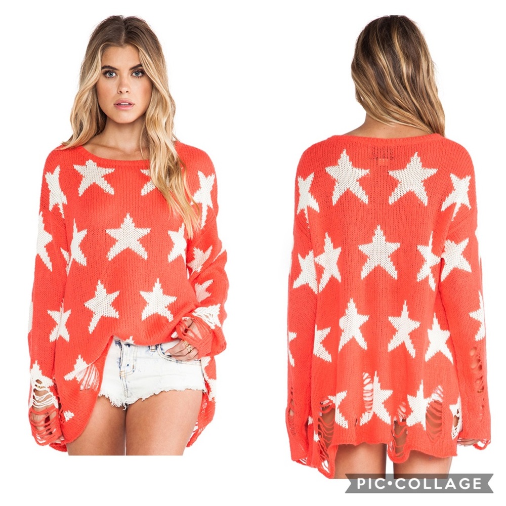 Wildfox Coral Orange Star Knit Sweater with White Stars